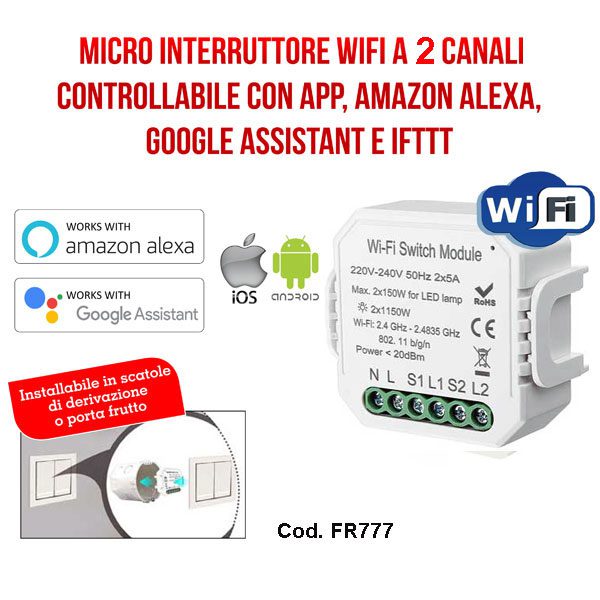 Interruttore Wi-Fi 2 canali -  Alexa e Google Assistant
