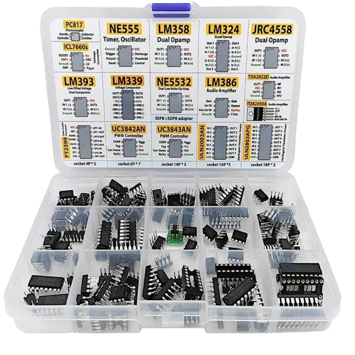 Kit assortimento 150 circuiti integrati con zoccoli e adattatore in box a 15 scomparti